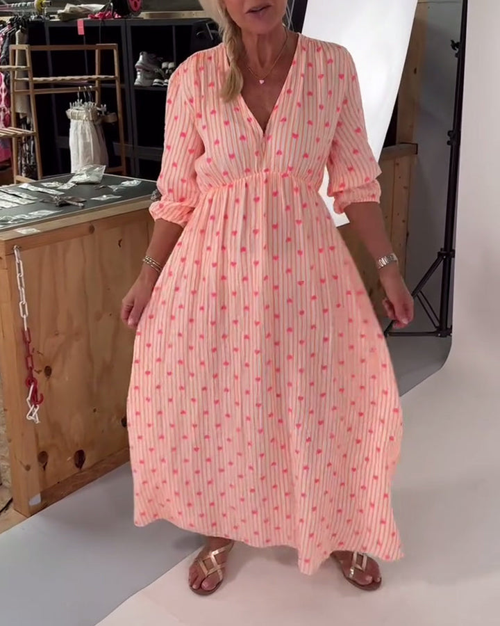 Belle | Women's Striped Elegant V-Neck Heart Patterned Maxi Dress with Lace-Up
