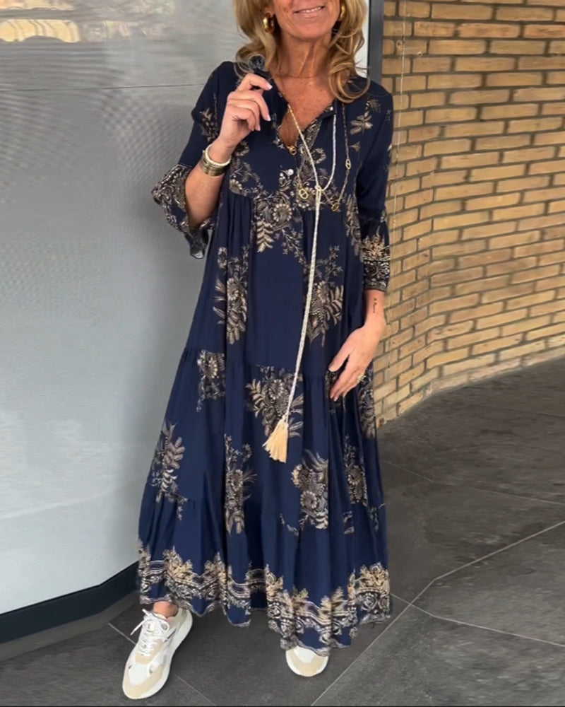 Rose | Women's Floral Vintage Loose V-Neck Midi Dress