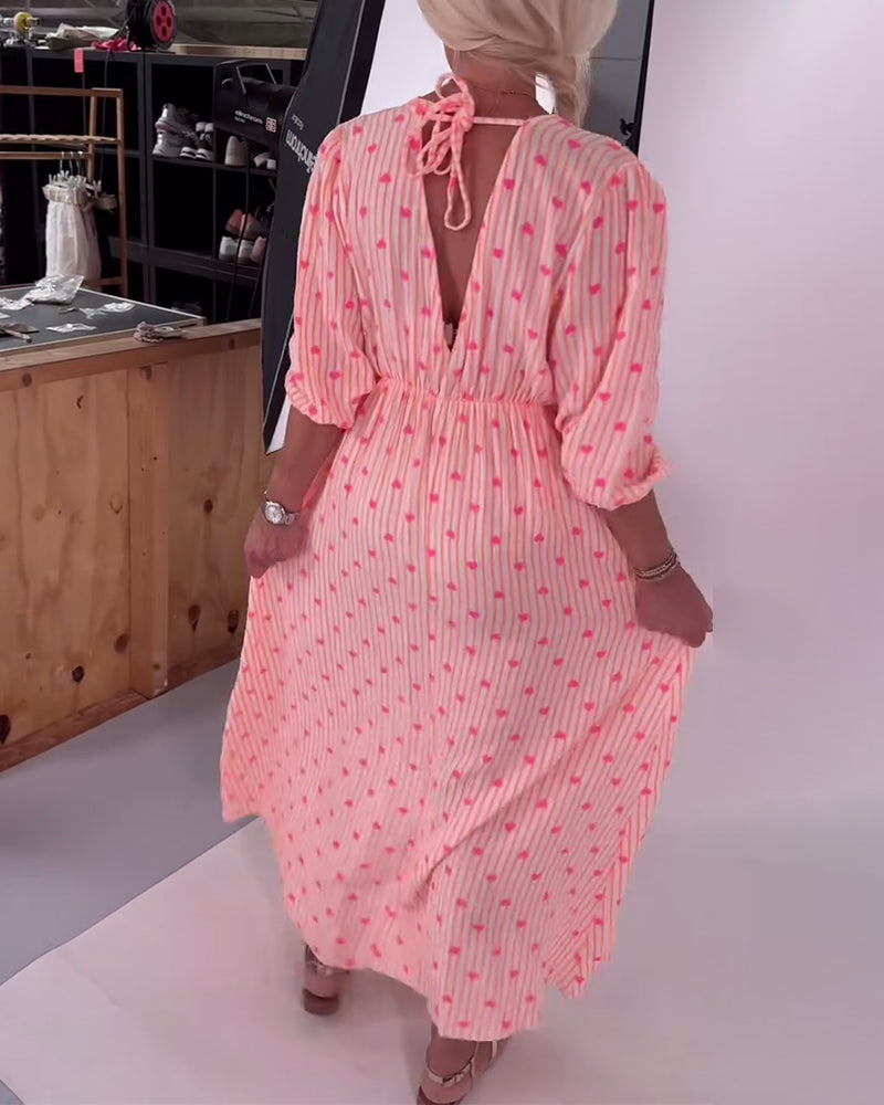 Belle | Women's Striped Elegant V-Neck Heart Patterned Maxi Dress with Lace-Up