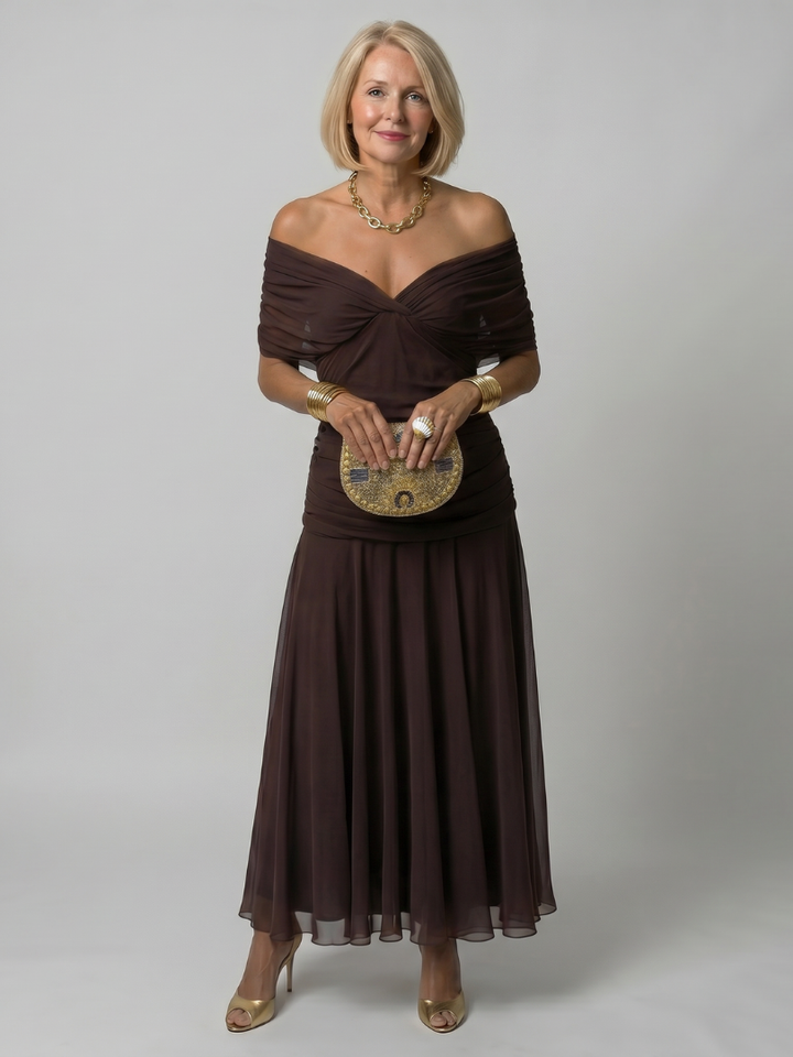 Calen | Women's Elegant Off-Shoulder Midi Dress with Flowing Design