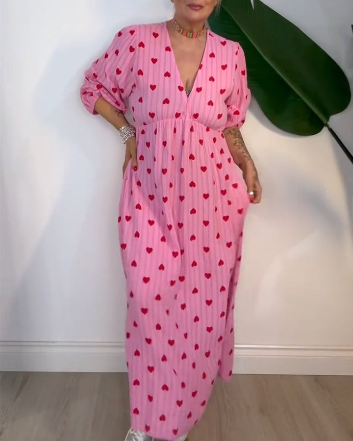 Belle | Women's Striped Elegant V-Neck Heart Patterned Maxi Dress with Lace-Up