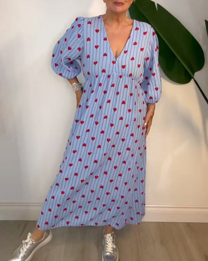 Belle | Women's Striped Elegant V-Neck Heart Patterned Maxi Dress with Lace-Up