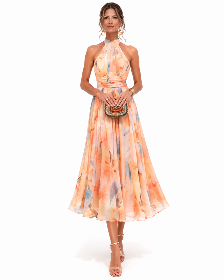 Aurora | Women's Watercolour Print Halter Neck Maxi Dress