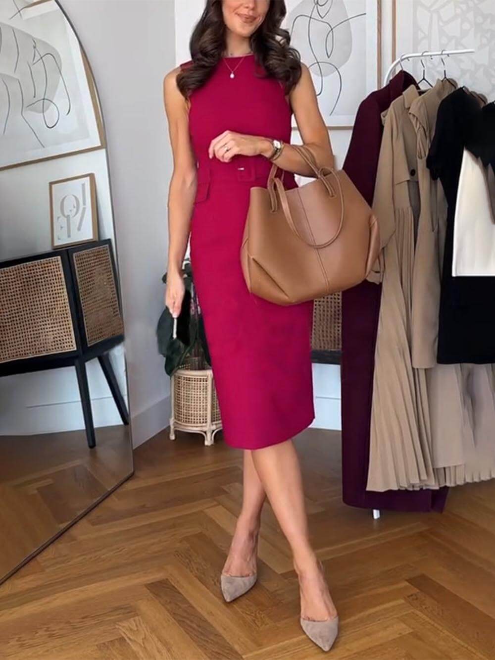 Women's Chic and Refined Midi Dress with Formal Tie Detail