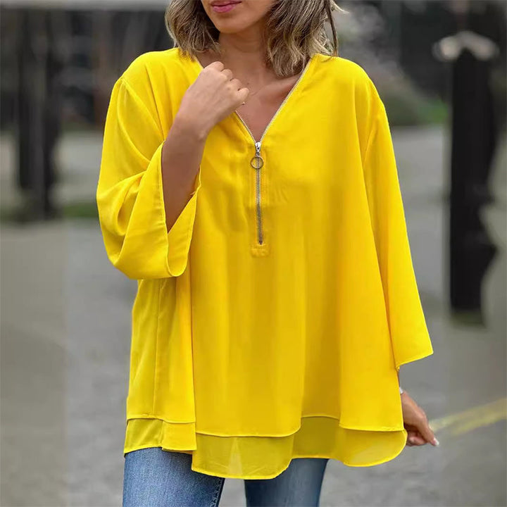 Heidi | Women's Longline V-Neck Flowy Zipped Top