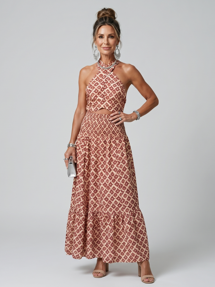 Amira | Women's Cross Halter Geometric Print Cutout Midi Dress with Cut-Out