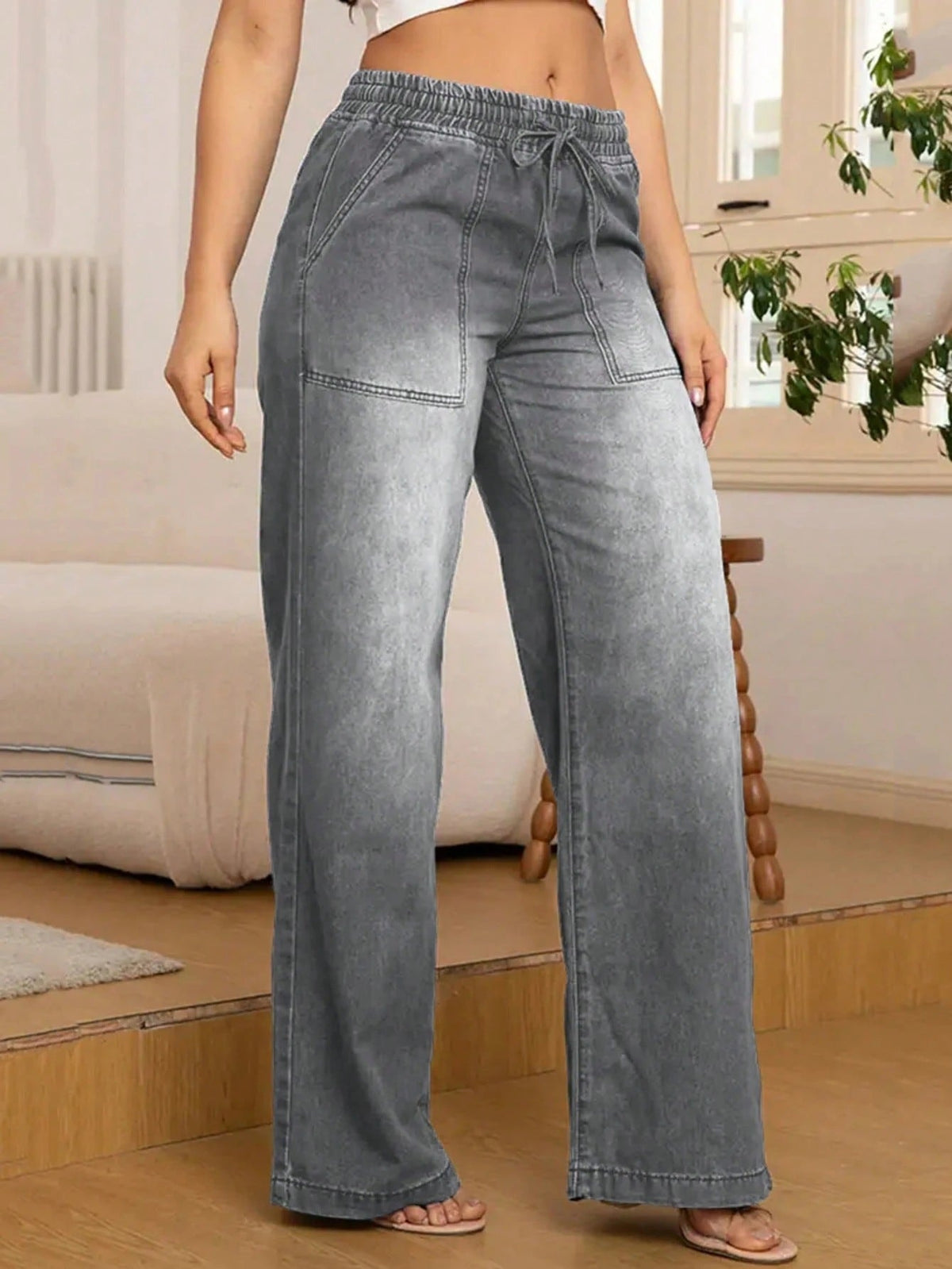 Adjustable Drawstring Waist Wide-Leg Jeans for Women