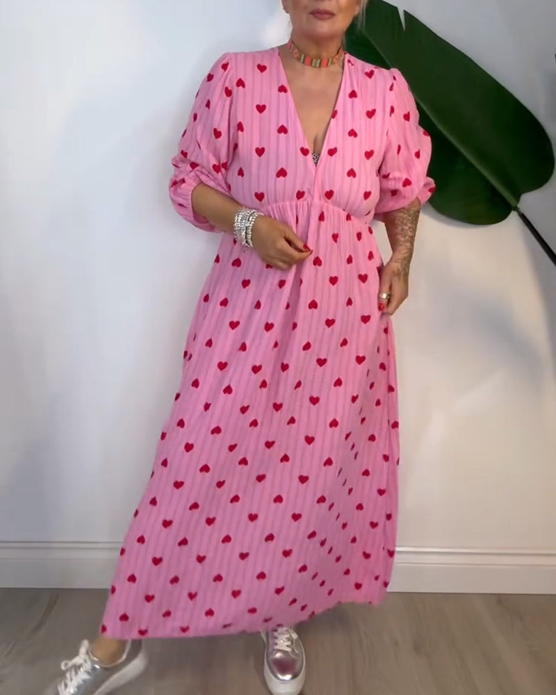 Belle | Women's Striped Elegant V-Neck Heart Patterned Maxi Dress with Lace-Up