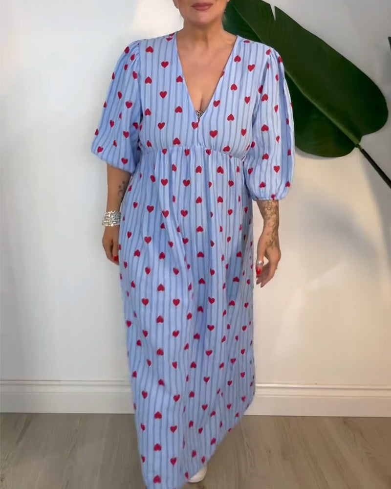 Belle | Women's Striped Elegant V-Neck Heart Patterned Maxi Dress with Lace-Up