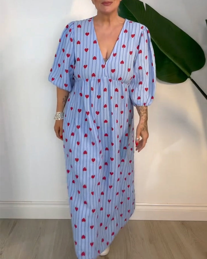 Belle | Women's Striped Elegant V-Neck Heart Patterned Maxi Dress with Lace-Up