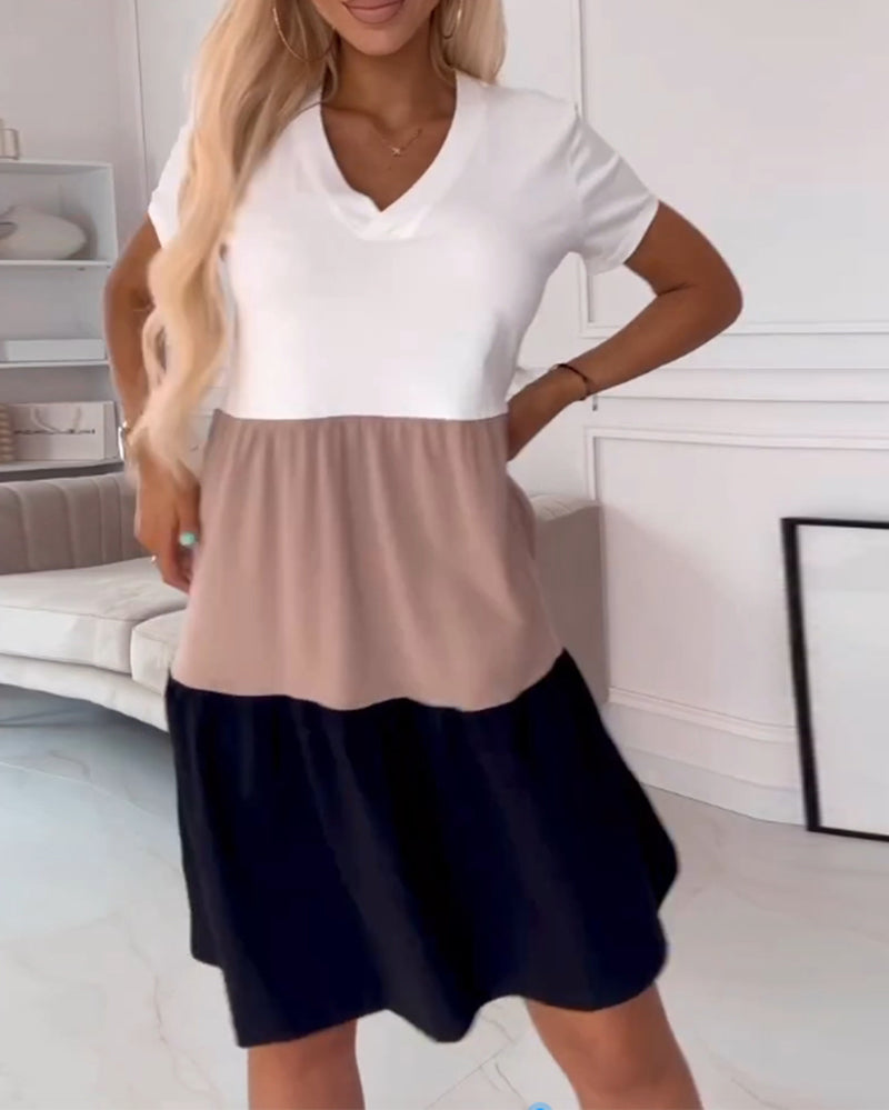 Alva | Women's Relaxed Colour Block Casual Dress with Short Sleeves
