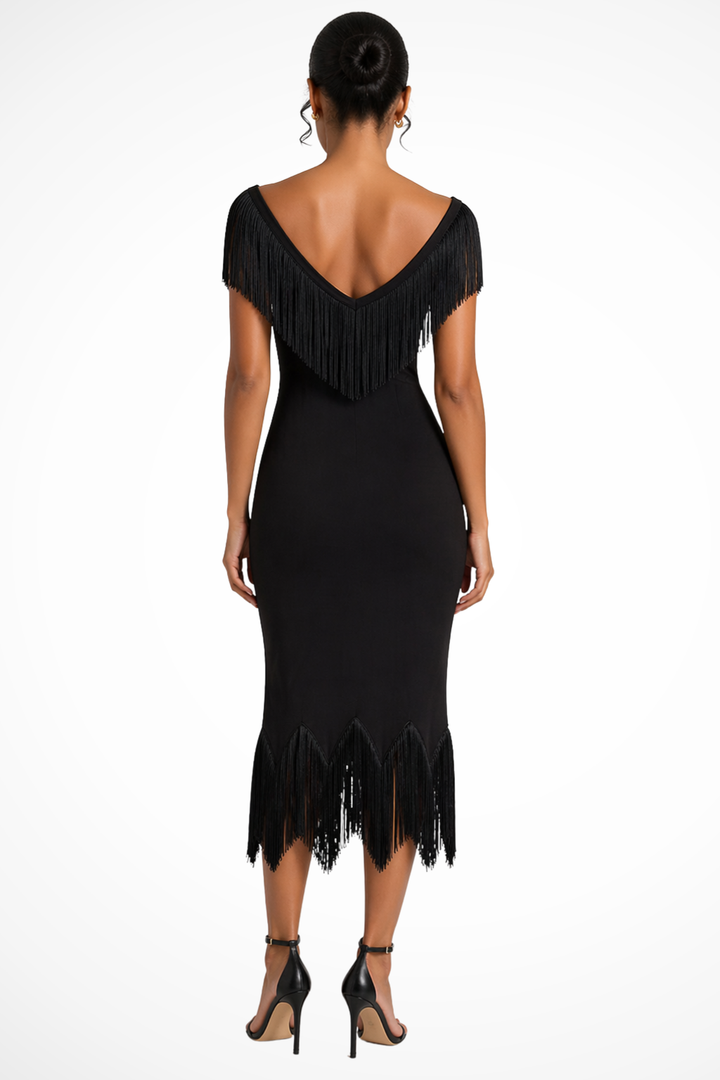 Annabel | Off-Shoulder Midi Dress with Fringe Trim for Women, Perfect for Wedding Guests
