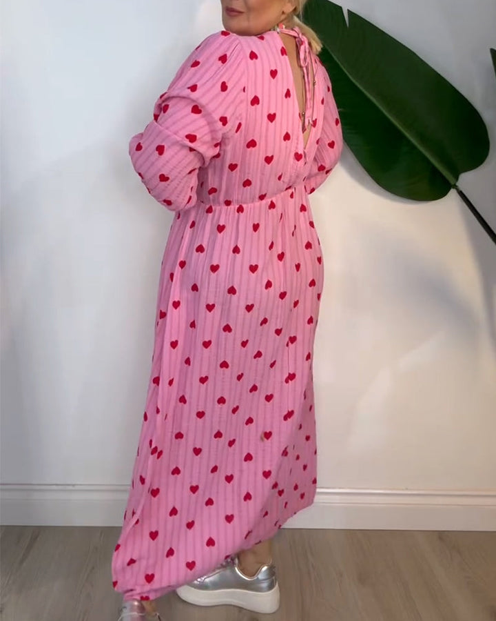 Belle | Women's Striped Elegant V-Neck Heart Patterned Maxi Dress with Lace-Up