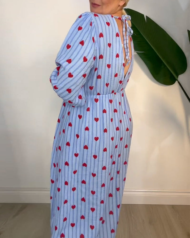 Belle | Women's Striped Elegant V-Neck Heart Patterned Maxi Dress with Lace-Up