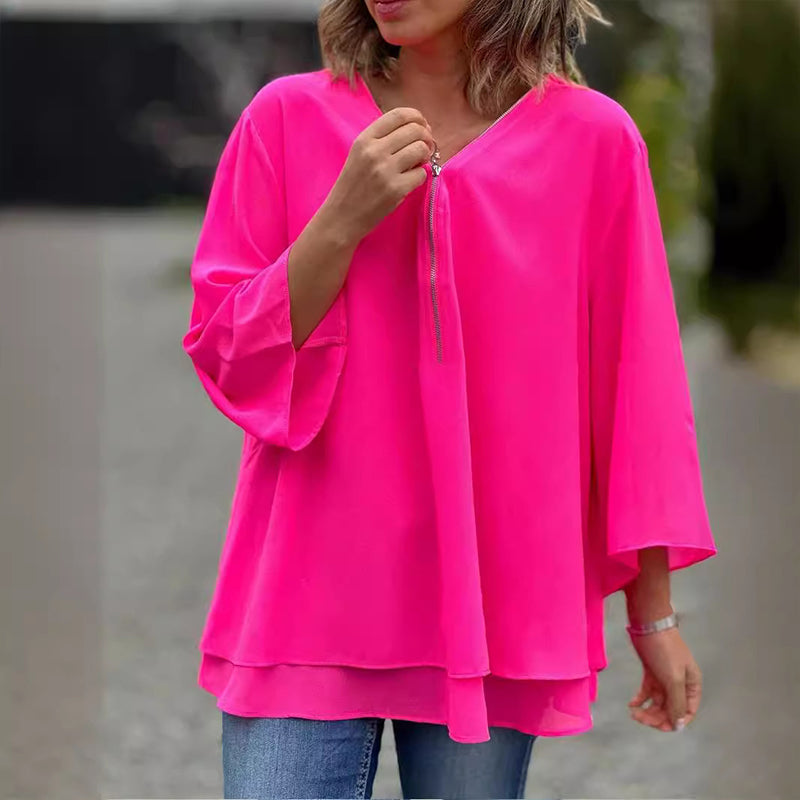 Heidi | Women's Longline V-Neck Flowy Zipped Top