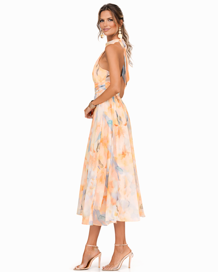 Aurora | Women's Watercolour Print Halter Neck Maxi Dress