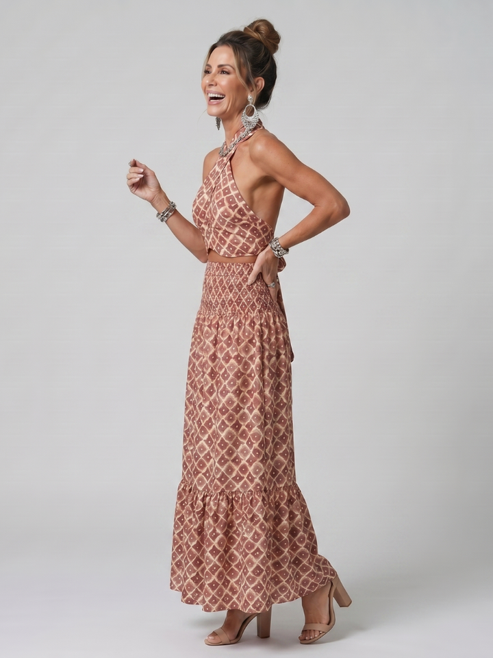 Amira | Women's Cross Halter Geometric Print Cutout Midi Dress with Cut-Out
