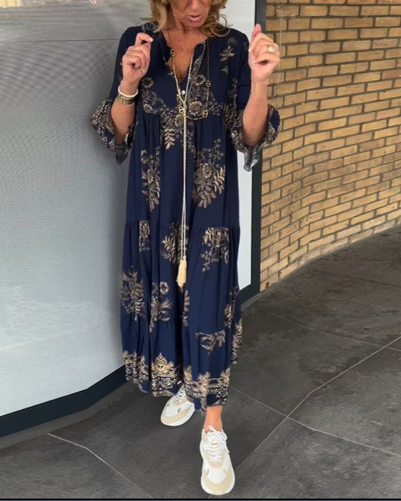 Rose | Women's Floral Vintage Loose V-Neck Midi Dress