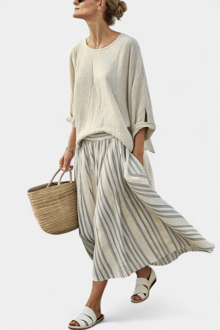 Aurora | Women's Longline comfortable blouse and striped midi skirt