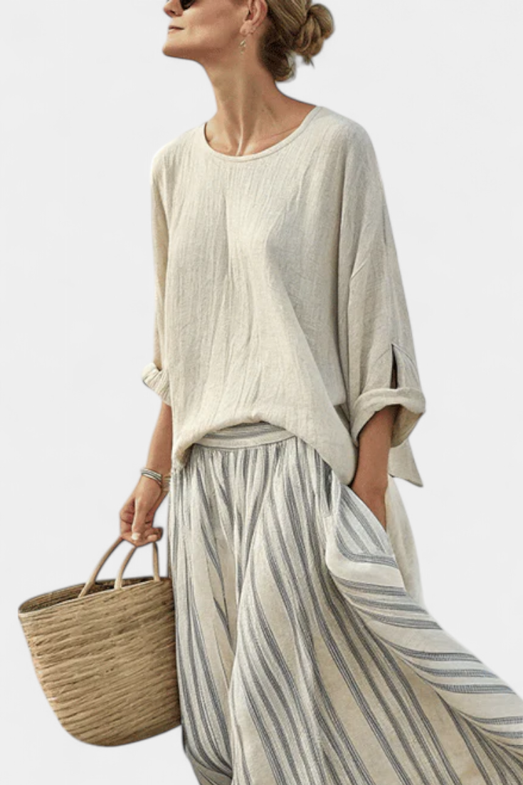 Aurora | Women's Longline comfortable blouse and striped midi skirt