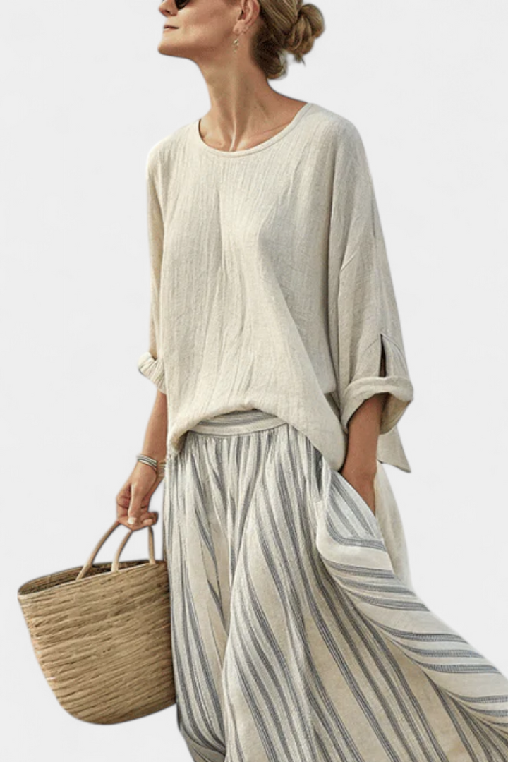 Aurora | Women's Longline comfortable blouse and striped midi skirt