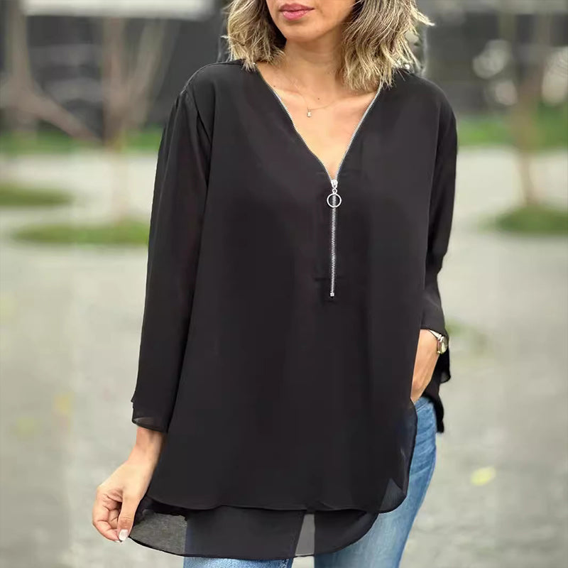 Heidi | Women's Longline V-Neck Flowy Zipped Top