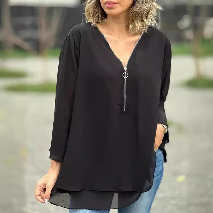 Heidi | Women's Longline V-Neck Flowy Zipped Top