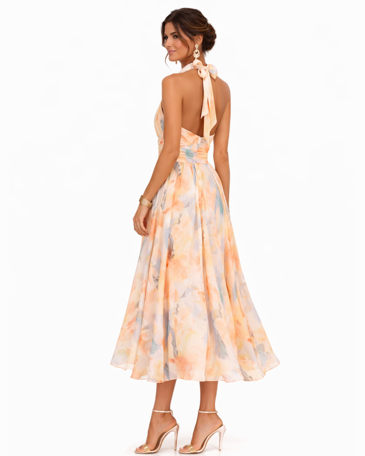 Aurora | Women's Watercolour Print Halter Neck Maxi Dress