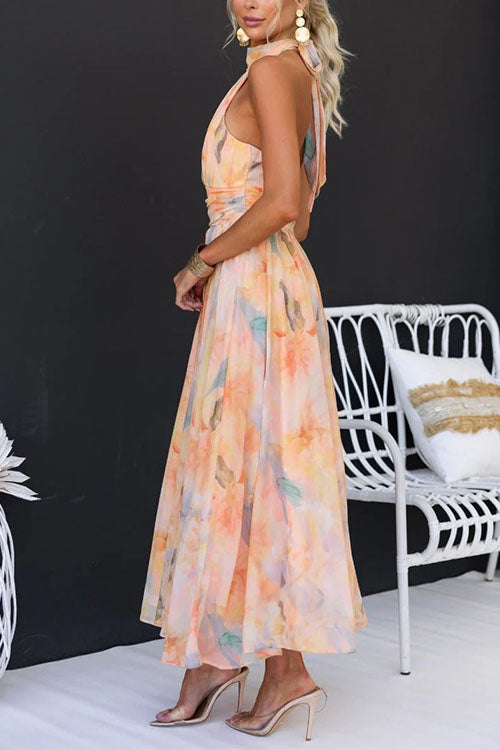 Aurora | Women's Elegant Halter Neck Watercolour Print Maxi Dress