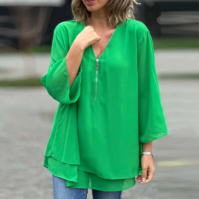 Heidi | Women's Longline V-Neck Flowy Zipped Top