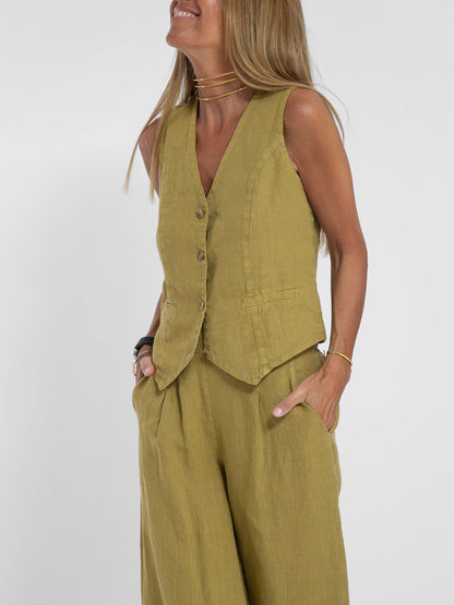 Aira | Women's Buttoned Vest & Wide-Leg Trousers Set