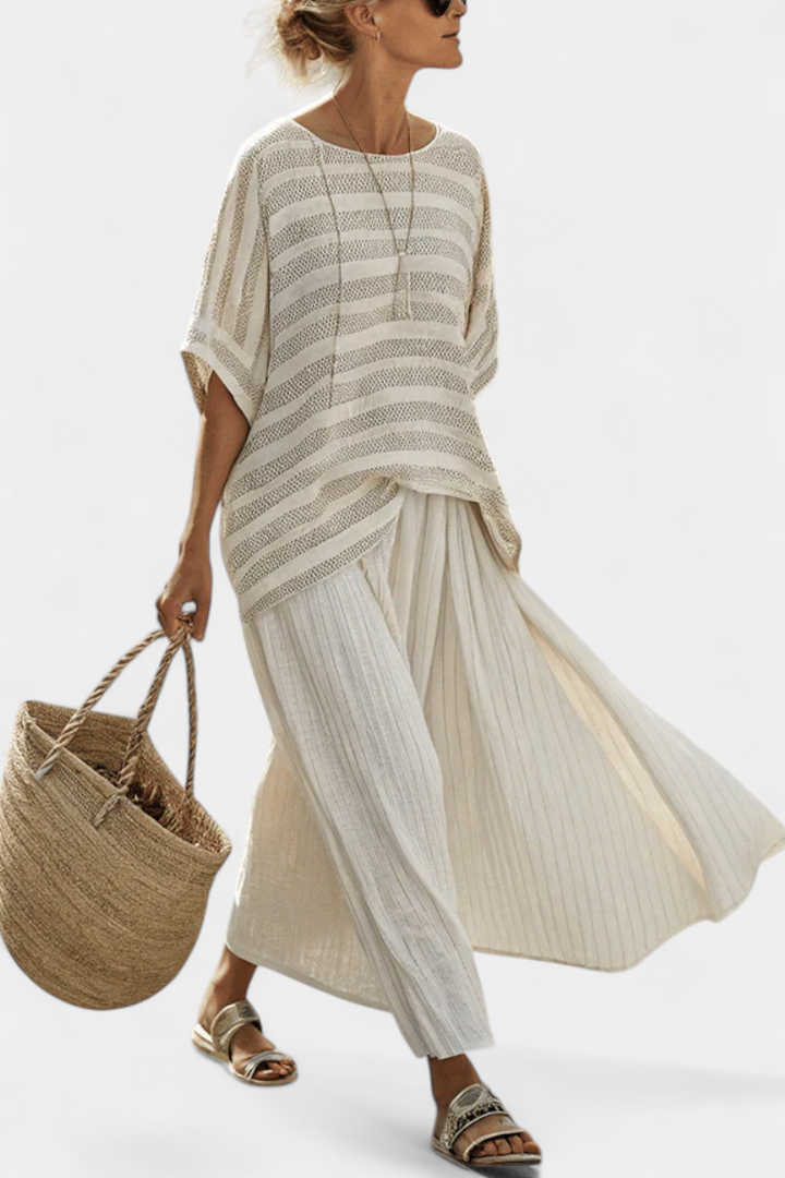 Graziella | Women's Longline natural bamboo striped top and fluid trousers