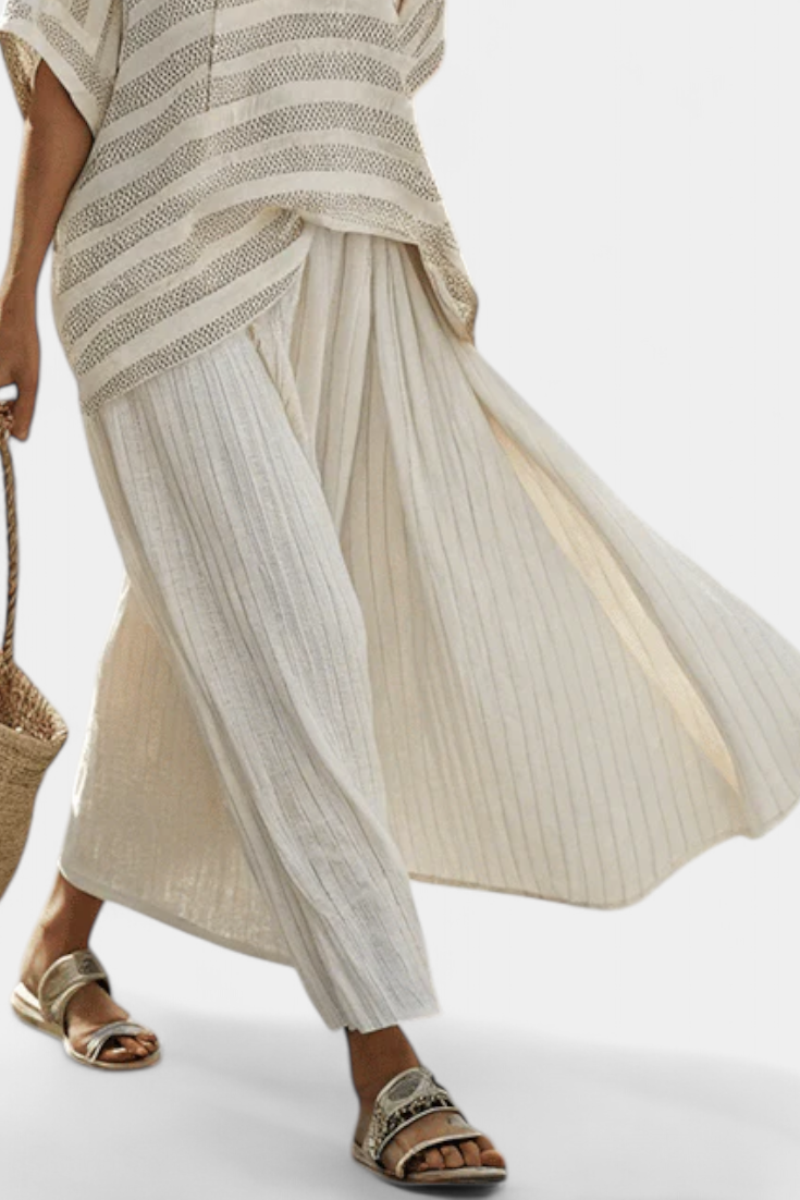 Graziella | Women's Longline natural bamboo striped top and fluid trousers