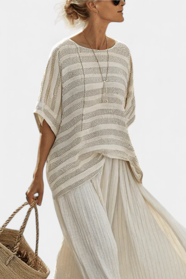 Graziella | Women's Longline natural bamboo striped top and fluid trousers