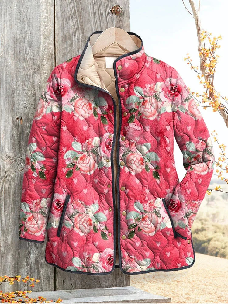 Women's Relaxed Romantic Rose Print Quilted Jacket