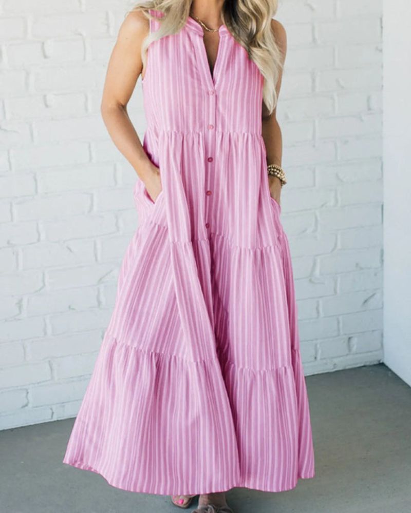Carlin | Women's Sleeveless Striped Midi Dress with Pockets and Ruffle Detail