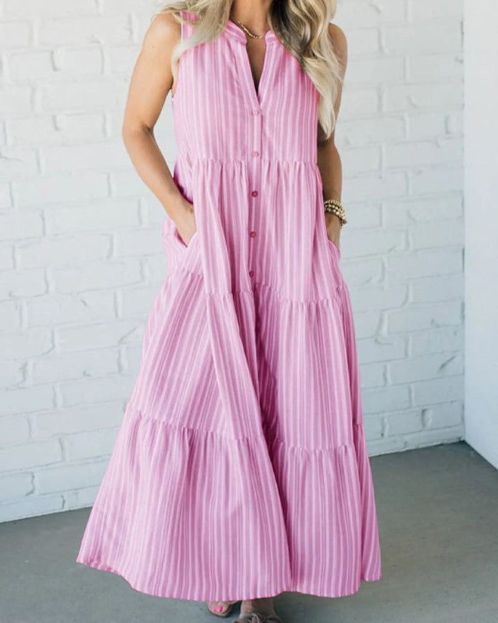Carlin | Women's Sleeveless Striped Midi Dress with Pockets and Ruffle Detail