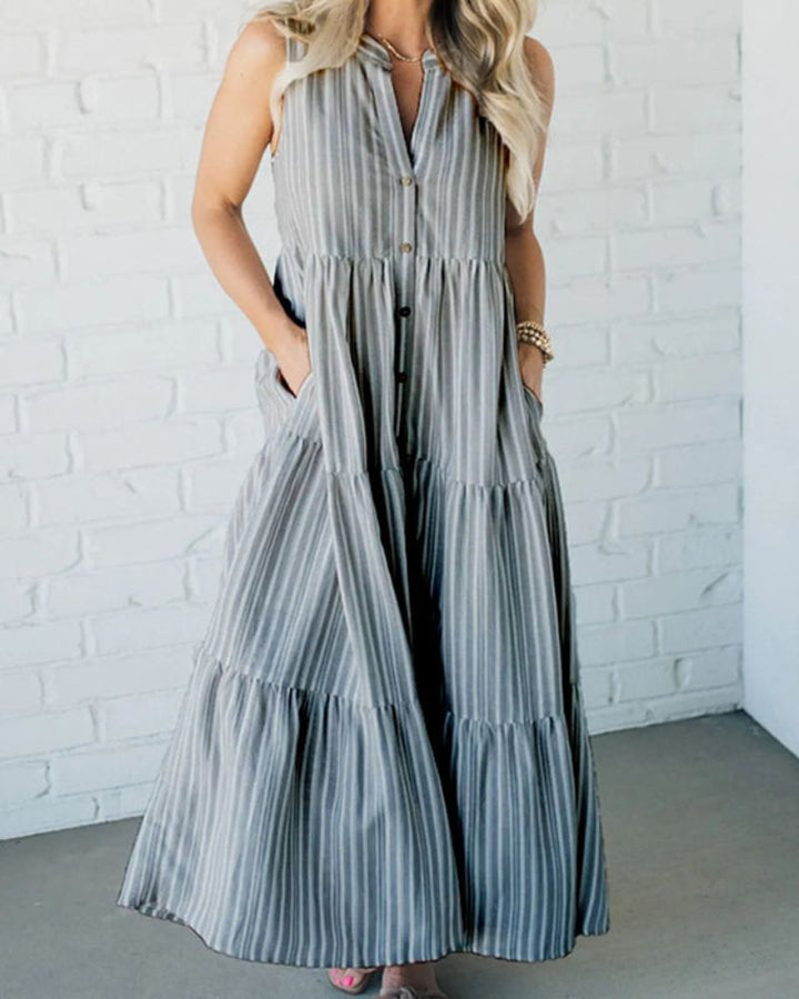 Carlin | Women's Sleeveless Striped Midi Dress with Pockets and Ruffle Detail