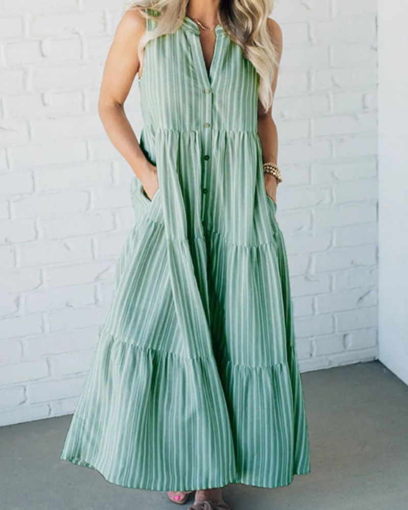 Carlin | Women's Sleeveless Striped Midi Dress with Pockets and Ruffle Detail