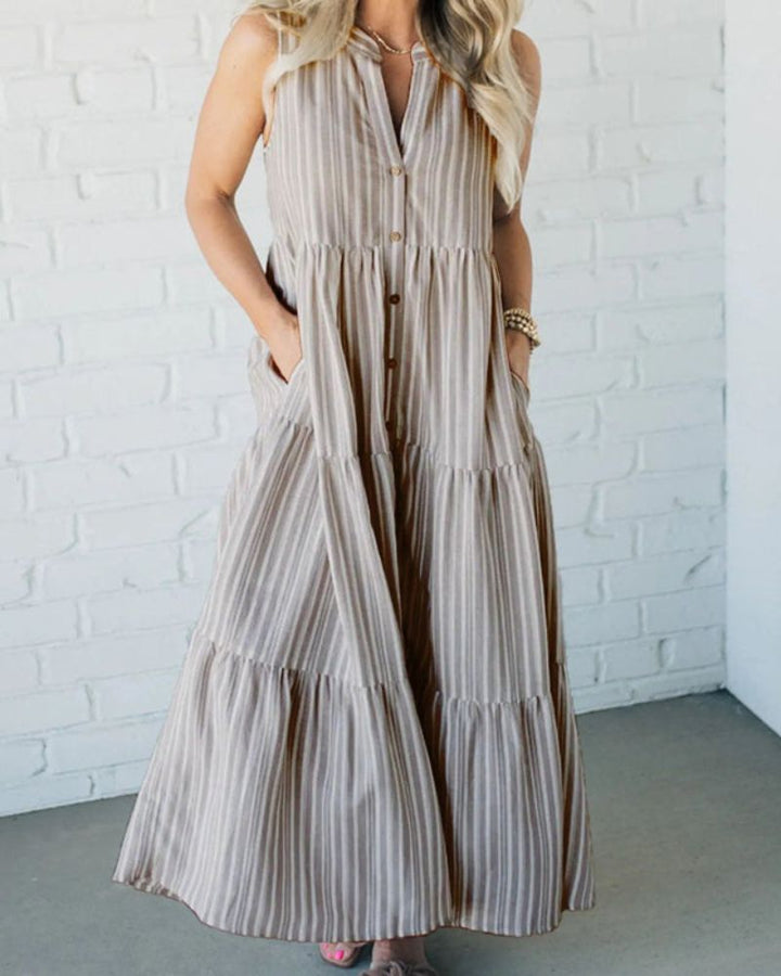 Carlin | Women's Sleeveless Striped Midi Dress with Pockets and Ruffle Detail