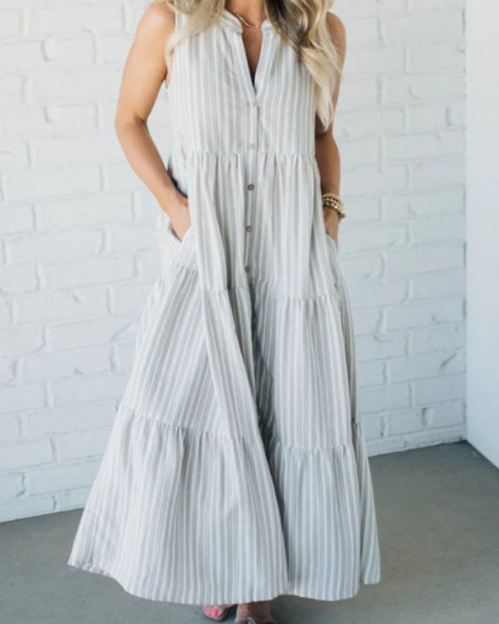 Carlin | Women's Sleeveless Striped Midi Dress with Pockets and Ruffle Detail