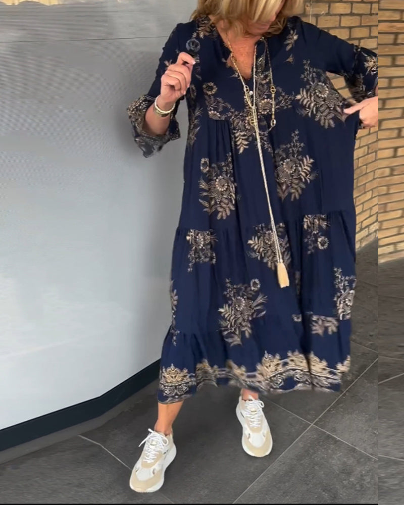 Rose | Women's Floral Vintage Loose V-Neck Midi Dress