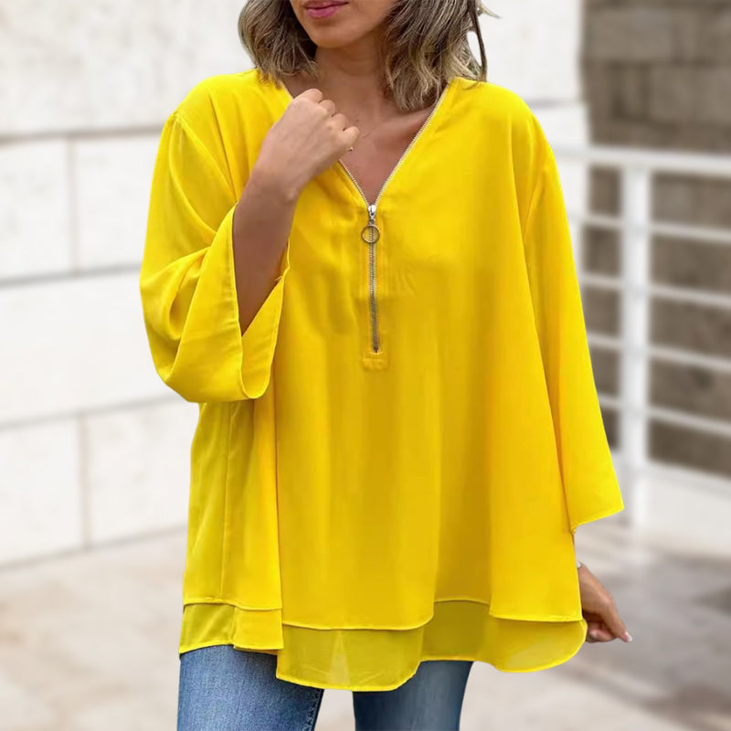 Heidi | Women's Longline V-Neck Flowy Zipped Top