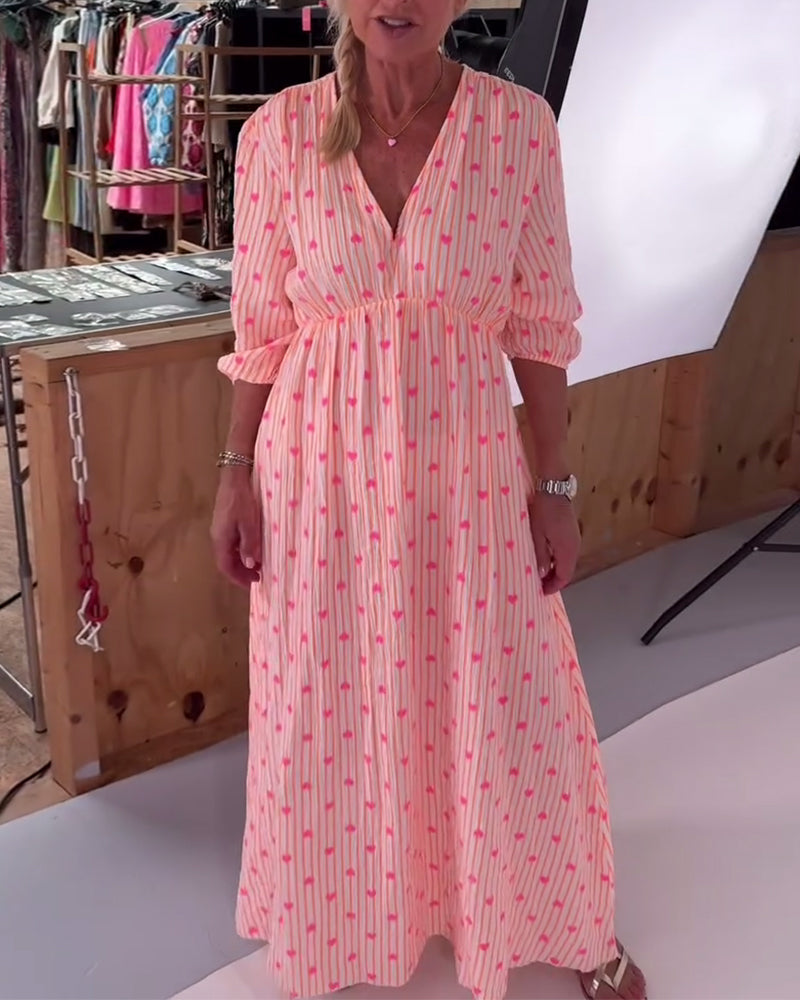 Belle | Women's Striped Elegant V-Neck Heart Patterned Maxi Dress with Lace-Up