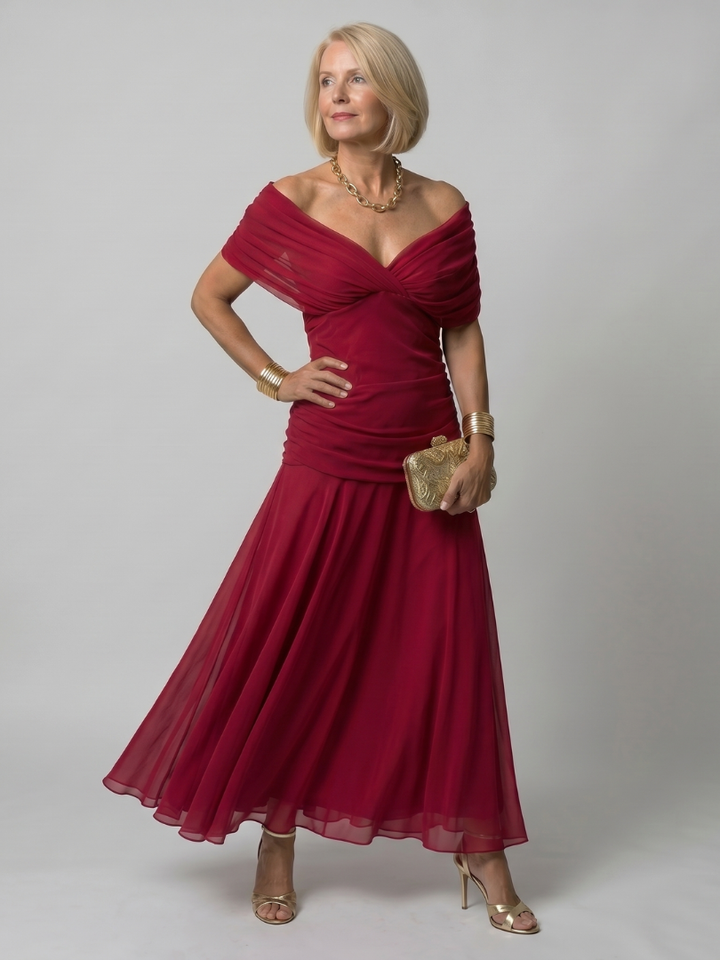 Calen | Women's Elegant Off-Shoulder Midi Dress with Flowing Design