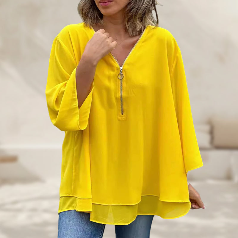 Heidi | Women's Longline V-Neck Flowy Zipped Top