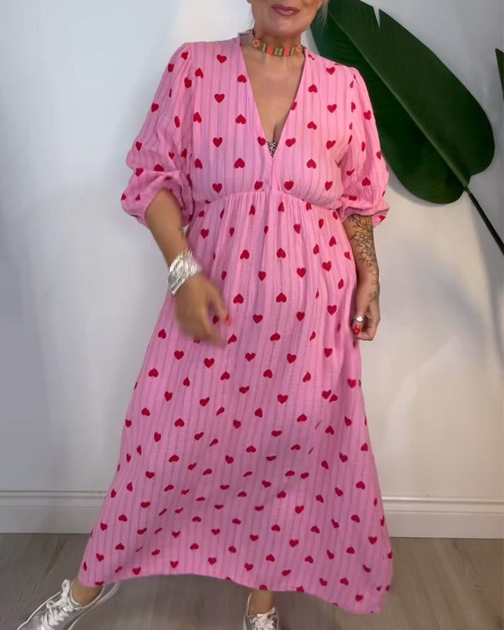 Belle | Women's Striped Elegant V-Neck Heart Patterned Maxi Dress with Lace-Up