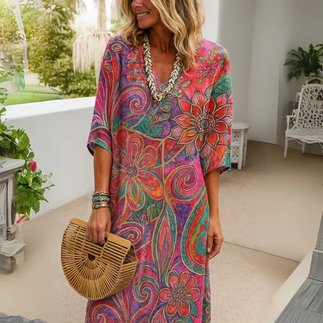 Akam | Women's Floral Midi Dress with V-Neck and Short Sleeves