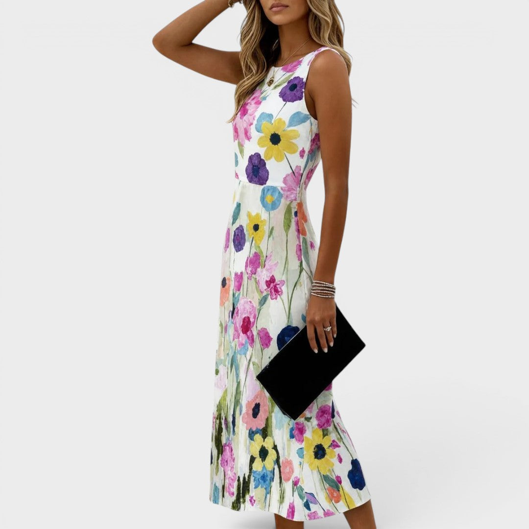 Carmina | Women's Sleeveless Midi Dress with Watercolour Floral Design