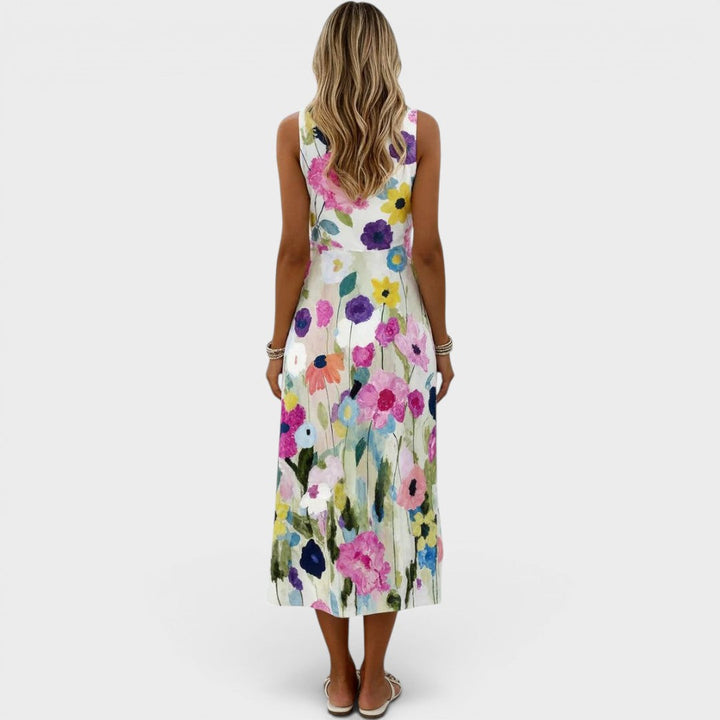 Carmina | Women's Sleeveless Midi Dress with Watercolour Floral Design